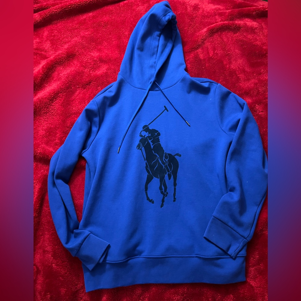 Blue Ralph Lauren Polo Hoodie with Black Polo Graphic